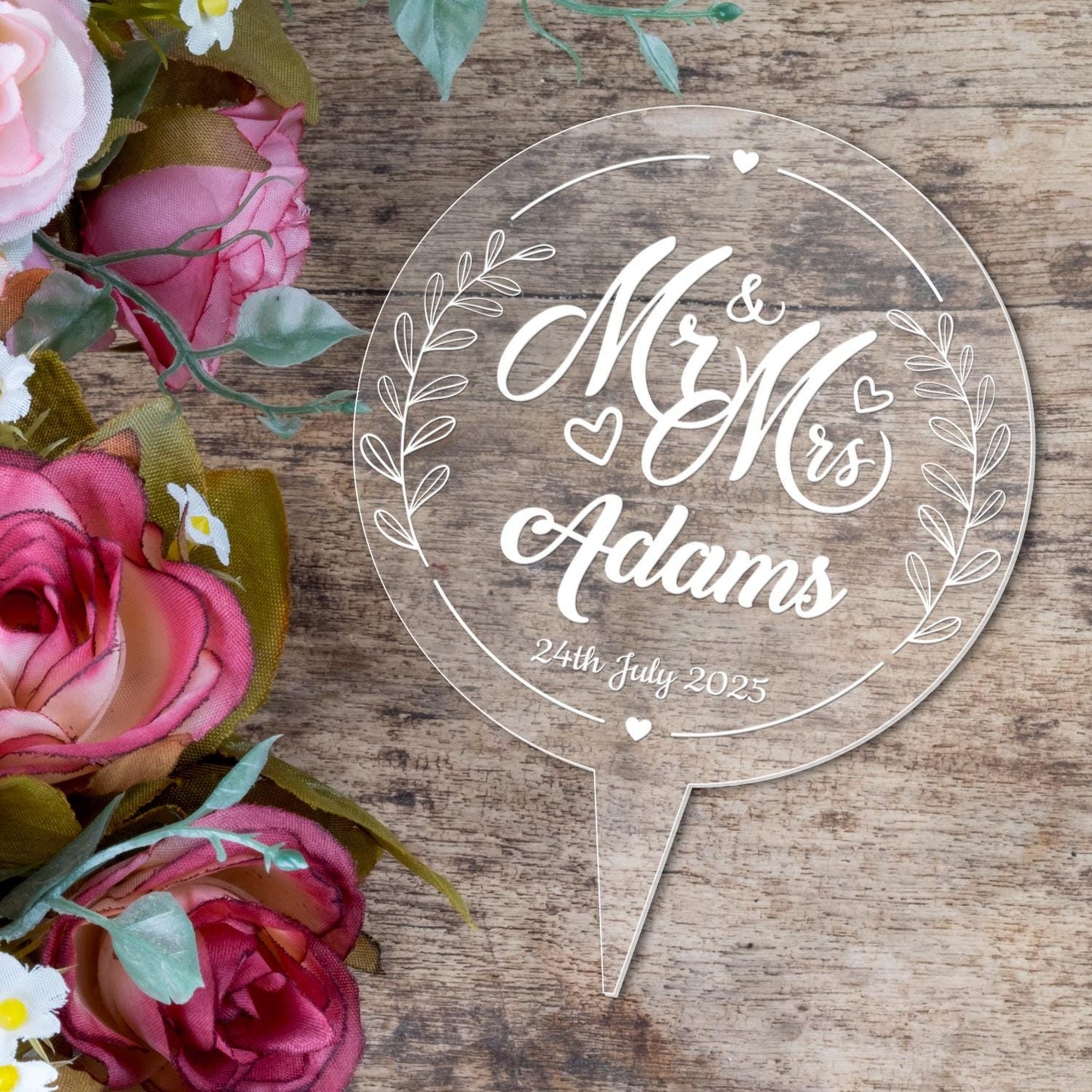 Personalised Name Circle Wedding Cake Topper Mr & Mrs Acrylic Decoration