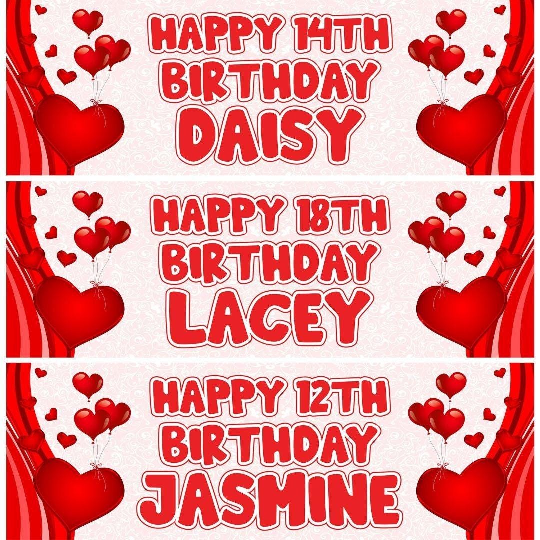 2 Personalised Birthday Banners Red Heart Themed Party Celebration Decoration Posters