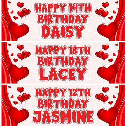 2 Personalised Birthday Banners Red Heart Themed Party Celebration Decoration Posters