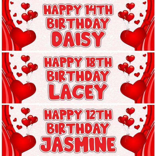 2 Personalised Birthday Banners Red Heart Themed Party Celebration Decoration Posters