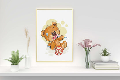 Teddy Bear Lollipop Art Print, Scandinavian Nursery Decor