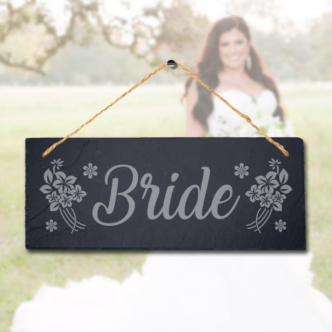Bride Laser Engraved Hanging Floral Motif Slate Wedding Party Venue Plaque Sign