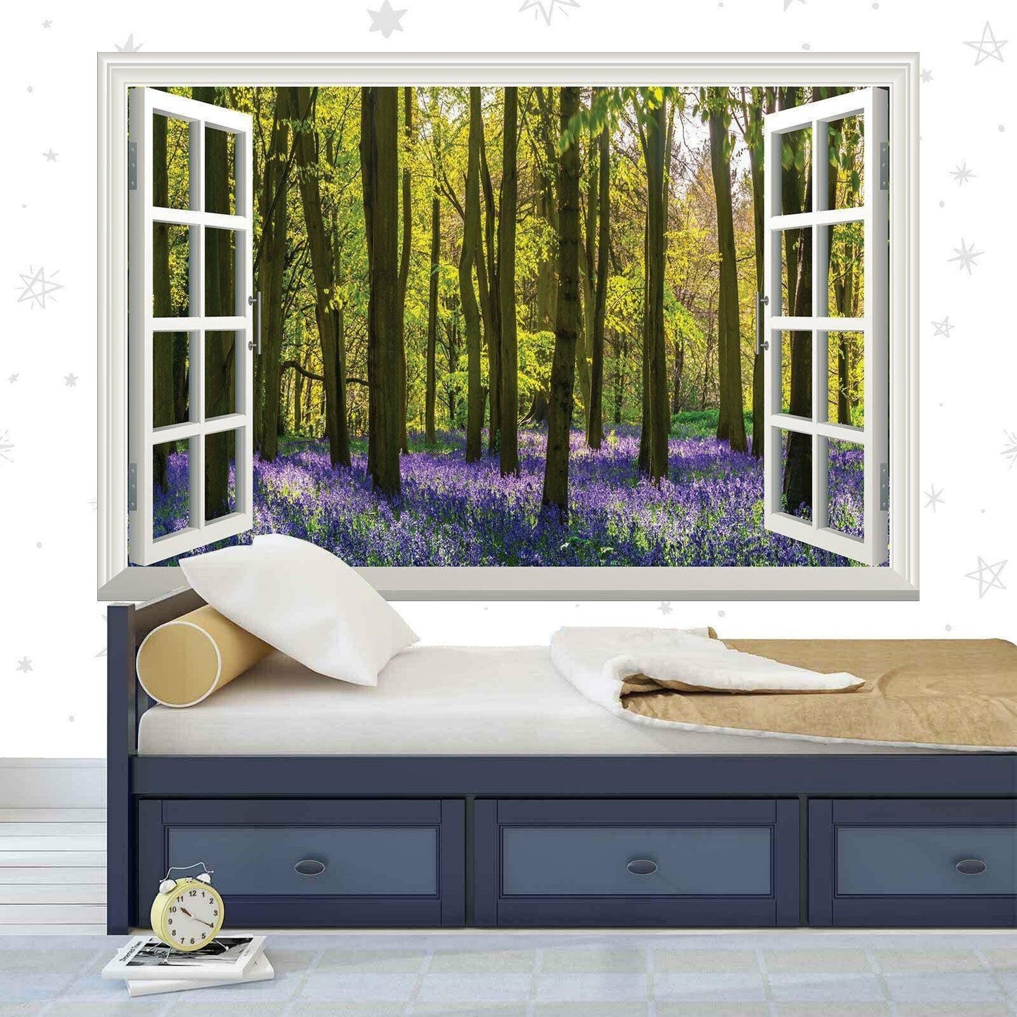 3D Window View Wall Decal: Purple Flower Forest Vinyl Mural