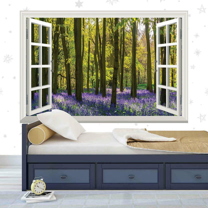 3D Window View Wall Decal: Purple Flower Forest Vinyl Mural