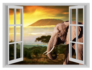 Elephant Sunset Wall Decal: 3D Window View Africa Mural (45cm x 60cm)