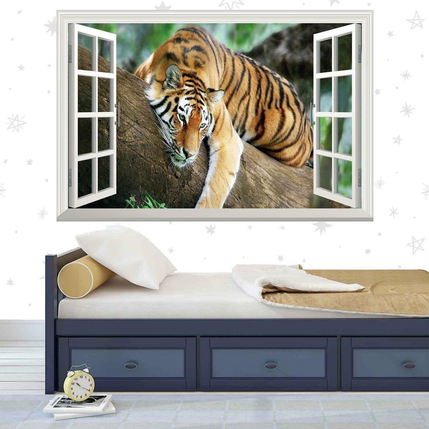 3D Tiger Window View Wall Decal: Vinyl Forest Mural