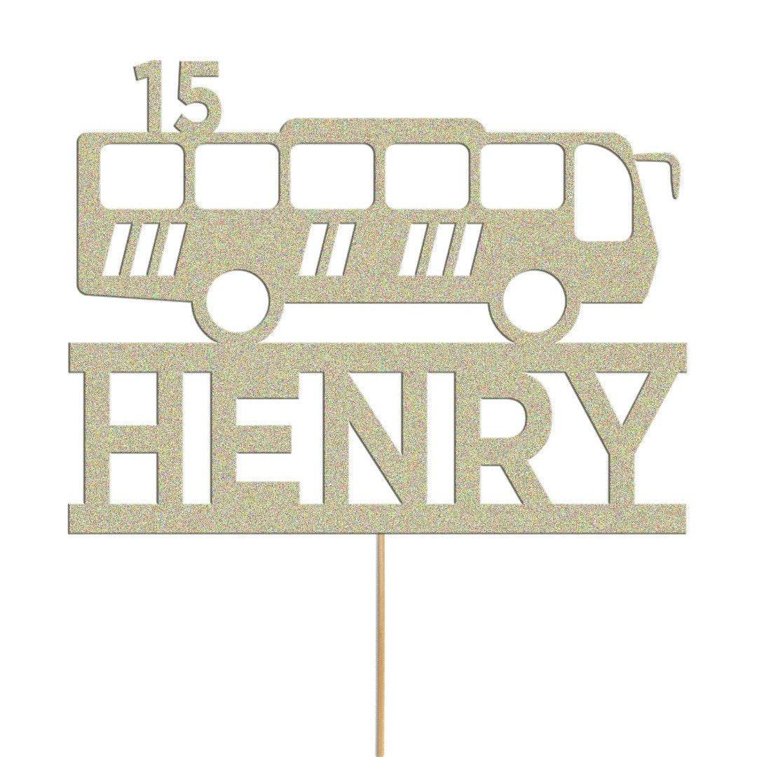 Personalized Glitter Bus Cake Topper: Custom Name & Age