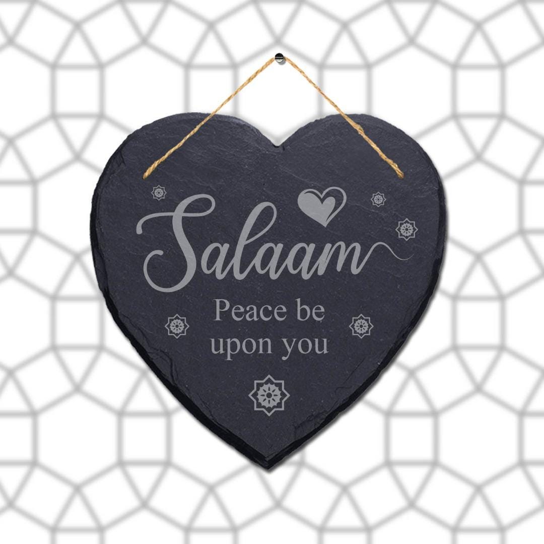 Salam Peace Be Upon You Engraved Islamic Wall Hanging Slate Heart Plaque Sign