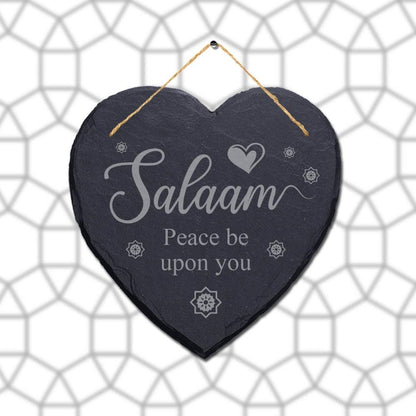 Salam Peace Be Upon You Engraved Islamic Wall Hanging Slate Heart Plaque Sign
