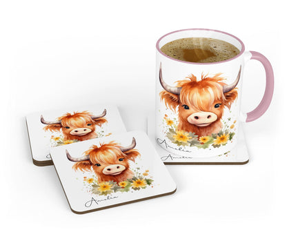 Personalised Highland Cow Mug & Coaster Set: Fluffy Cow Gift