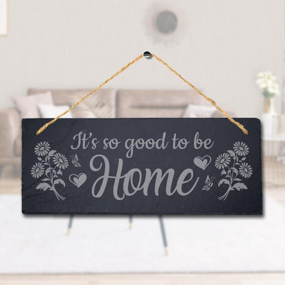 Laser Engraved Slate Home Sign: Rustic Door Plaque with Jute Rope