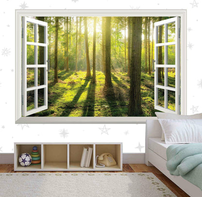 3D Forest Window View Wall Decal: Green Trees, Nature Mural