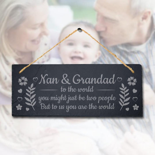 Nan And Grandad World Hanging Slate Engraved Plaque Mothers Fathers Gift Sign