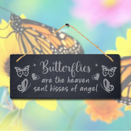Butterflies The Heaven Sent Kisses Of Angel Engraved Hanging Slate Garden Sign