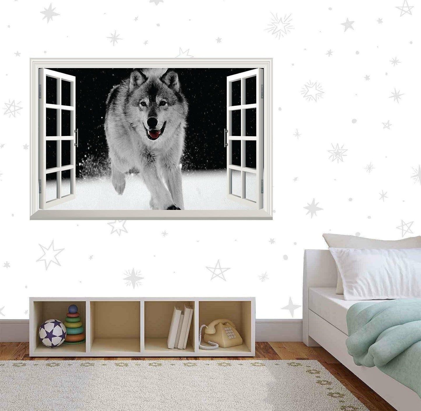 Snow Wolf 3D Window View Wall Decal: Running Husky Mural
