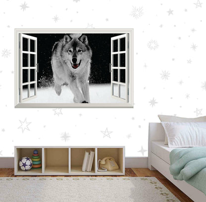 Snow Wolf 3D Window View Wall Decal: Running Husky Mural