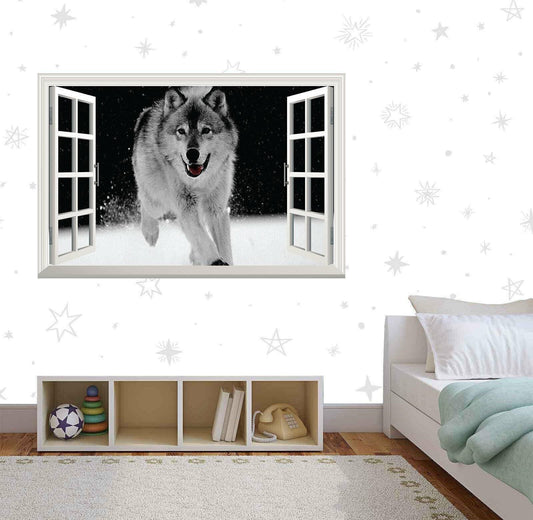 Snow Wolf 3D Window View Wall Decal: Running Husky Mural
