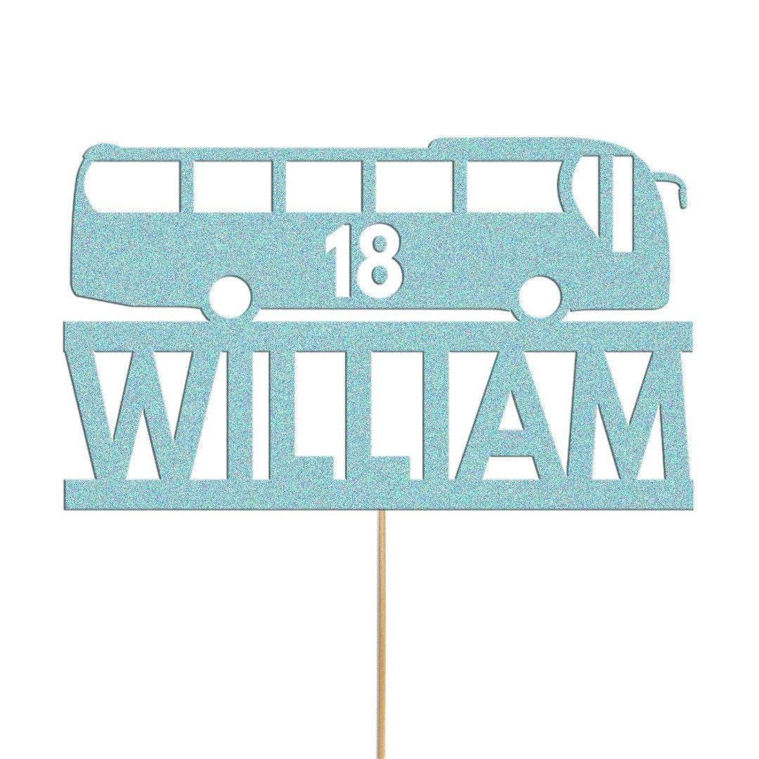 Personalised Glitter Bus Cake Topper: Custom Name & Age