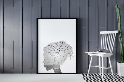 Girl Line Sketch Birds Bedroom Drawing Minimalist Wall Home Decor Print Poster