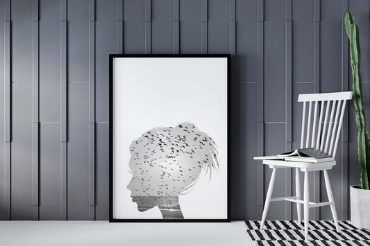 Girl Line Sketch Birds Bedroom Drawing Minimalist Wall Home Decor Print Poster