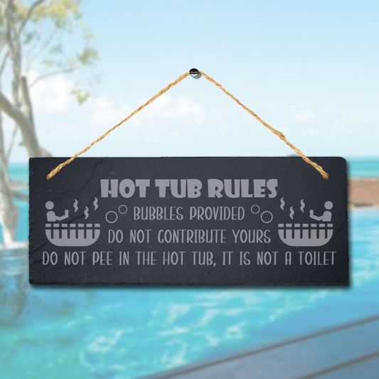 Hot Tub Rules Bubble Provided Humorous Engraved Hanging Slate Pool Plaque Sign