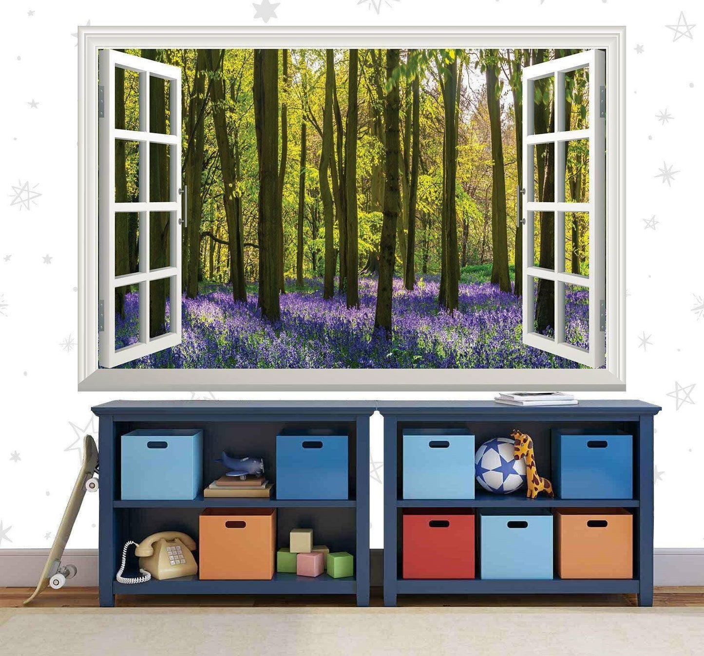 3D Window View Wall Decal: Purple Flower Forest Vinyl Mural