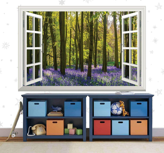 3D Window View Wall Decal: Purple Flower Forest Vinyl Mural