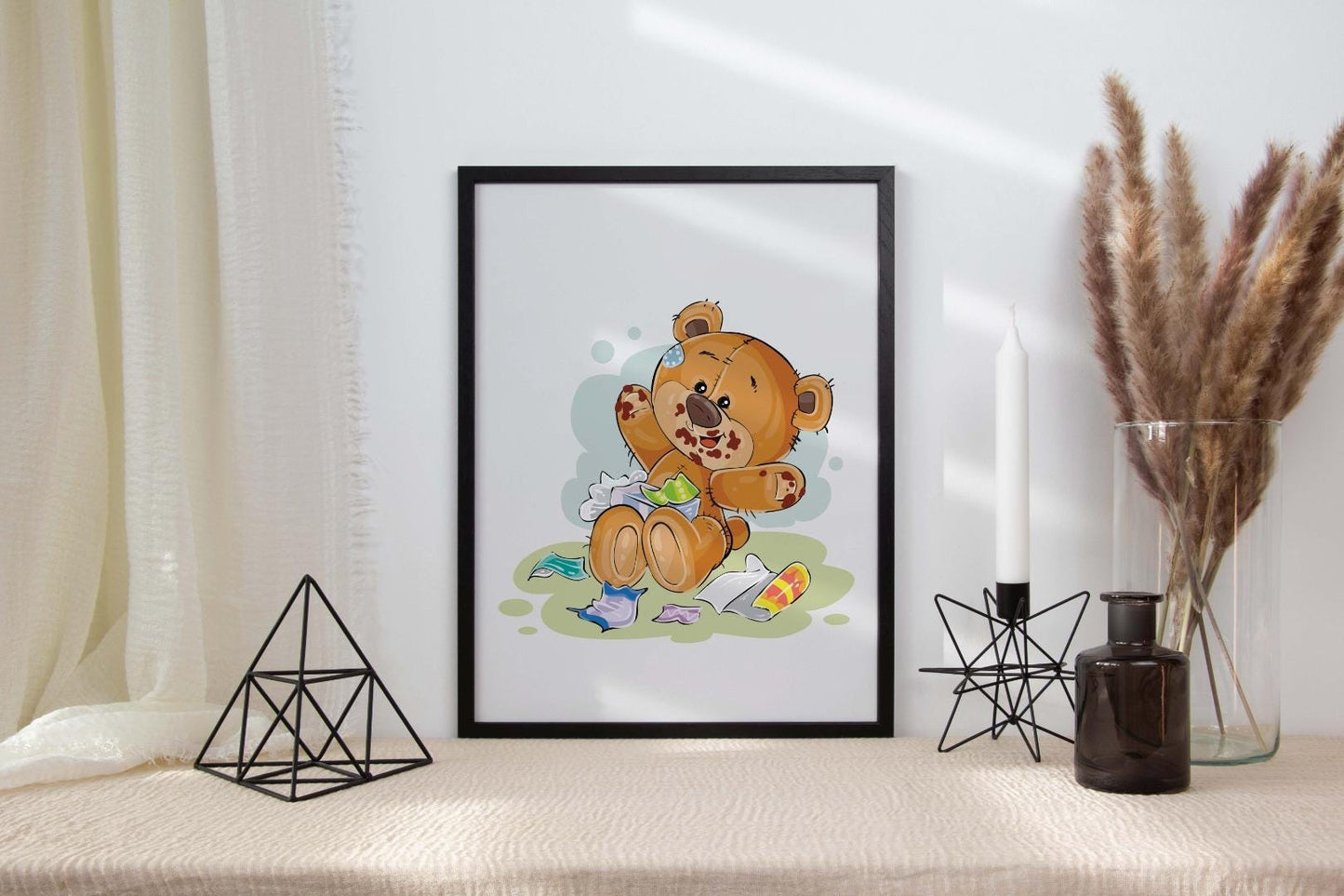 Hungry Teddy Bear Art Print: Scandinavian Nursery Decor