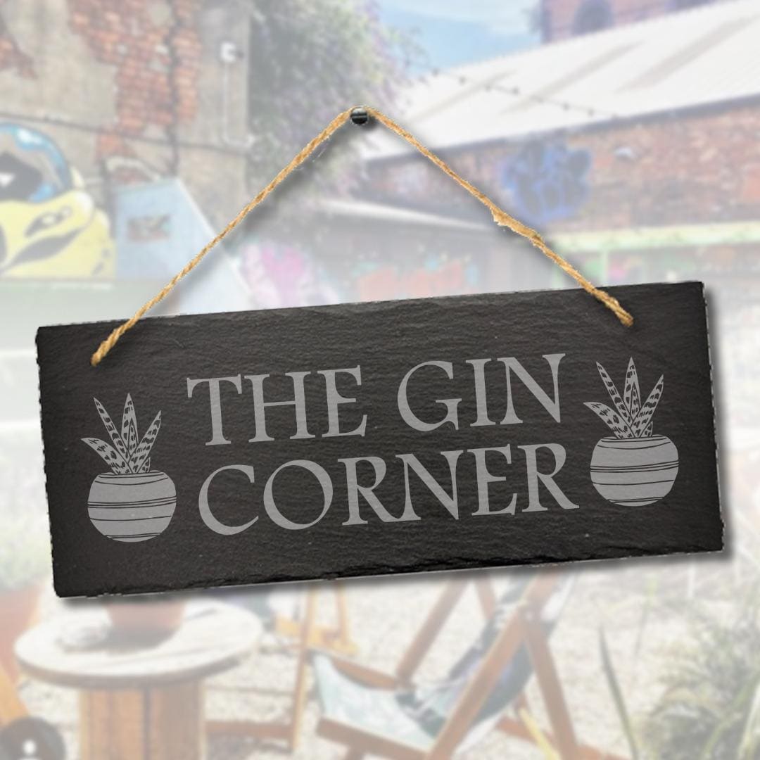 The Gin Corner Engraved Hanging Slate Plaque Sign Drinking Gift Home Bar Shed