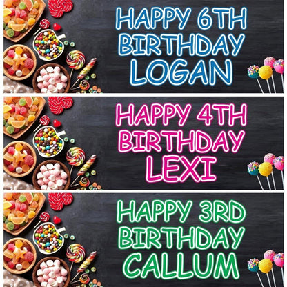 2 Personalised Birthday Colourful Sweets Party Celebration Banners Posters