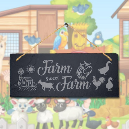 Farm Sweet Farm Laser Engraved Hanging Slate Farmhouse Decor Plaque Sign
