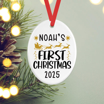 Personalised Babys First Christmas Oval Ceramic Bauble Tree Hanging Keepsake Decoration