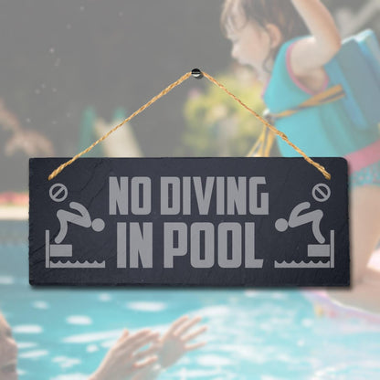 No Diving In Pool Laser Engraved Hanging Slate Pool Pond Caution Plaque Sign