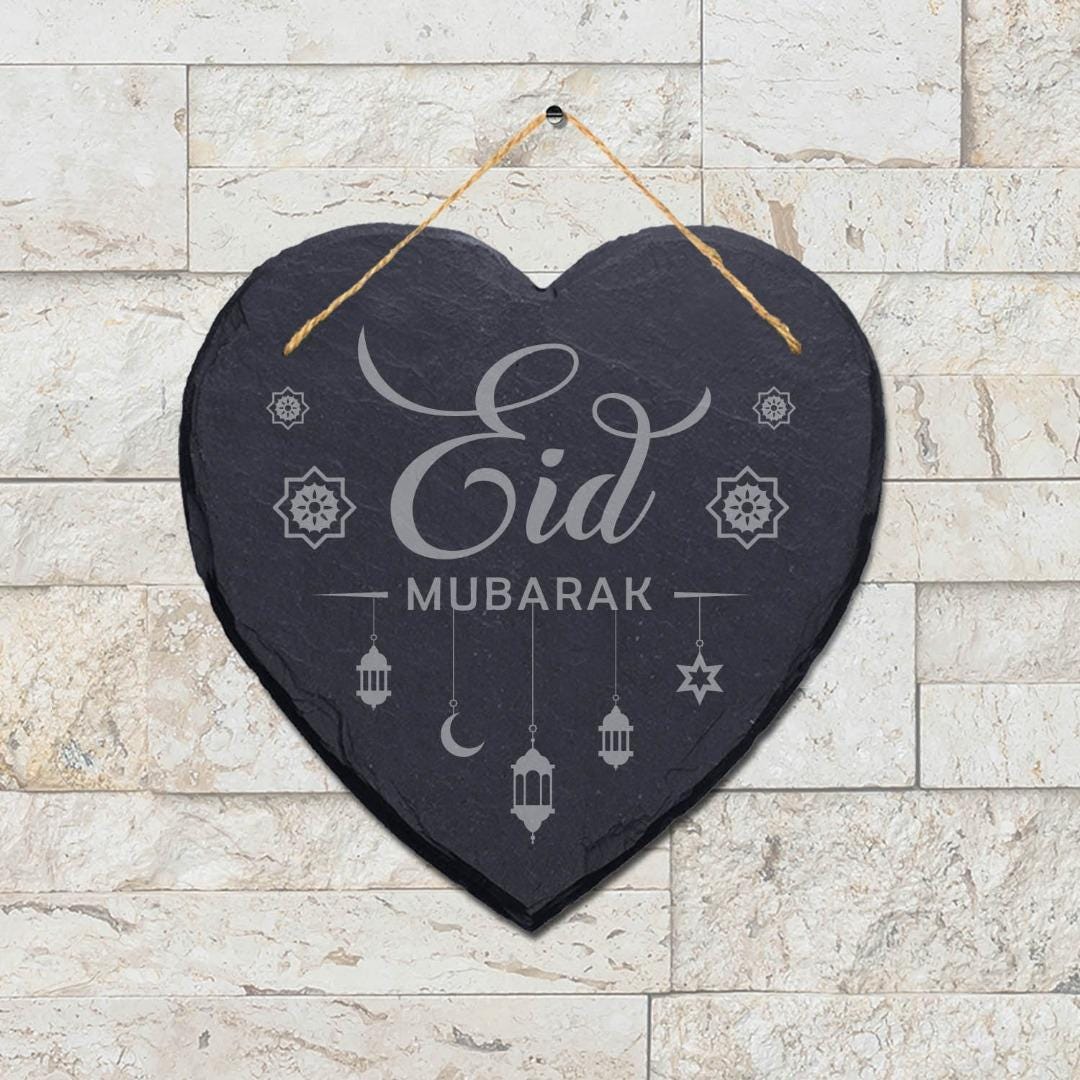 Eid Mubarak Engraved Wall Hanging Celebration Islamic Heart Home Slate Plaque Sign