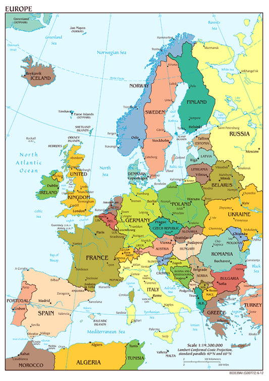 Giant Map of Europe Wall Art Poster - Available in A5, A4, A3, A2, A1 Sizes