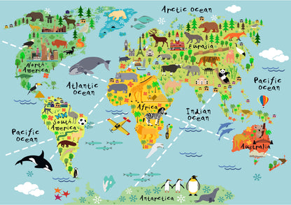 Animal World Map Kids School Geography Bedroom Giant Poster - A4 A3 A2 A1 Sizes