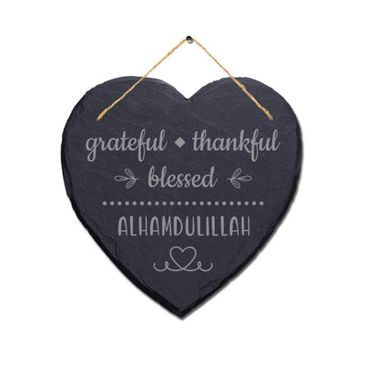 Grateful Thankful Blessed Engraved Islamic Wall Hanging Slate Heart Plaque Sign