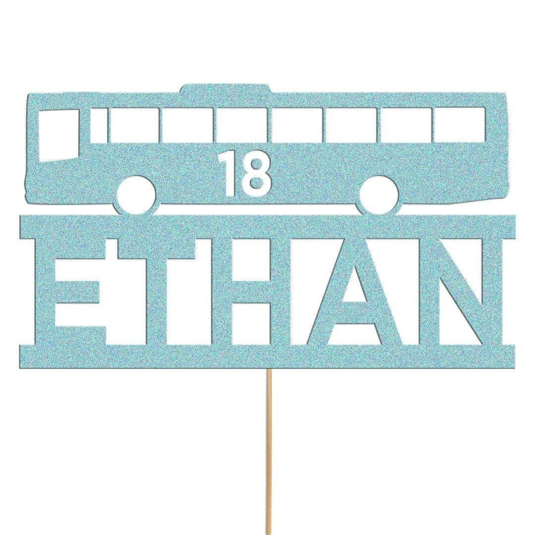Personalised Glitter Bus Cake Topper: Custom Name & Age