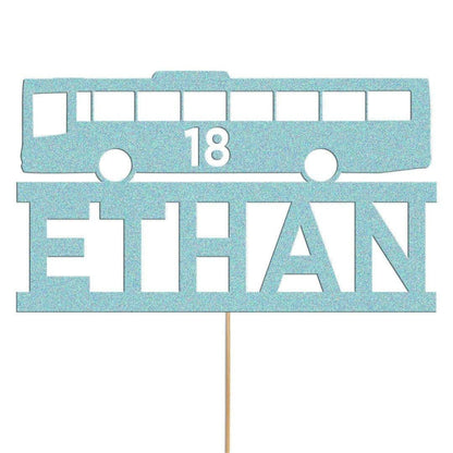 Personalised Glitter Bus Cake Topper: Custom Name & Age