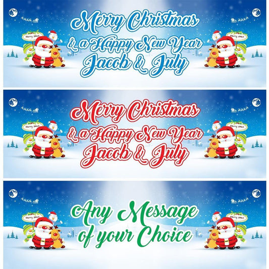 2 Personalised Merry Christmas And Happy New Year Celebration Banners Posters