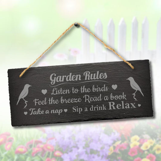 Garden Rules Listen The Birds Engraved Hanging Slate Gardening Gift Sign Plaque
