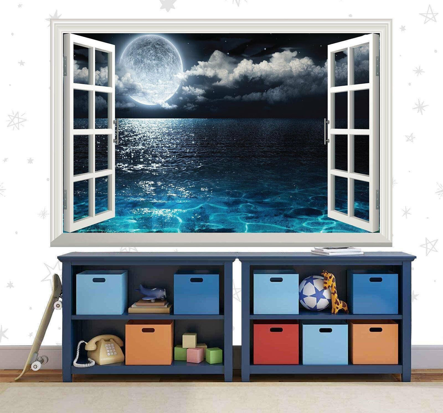 Full Moon Ocean View Wall Decal: 3D Window Seascape Mural
