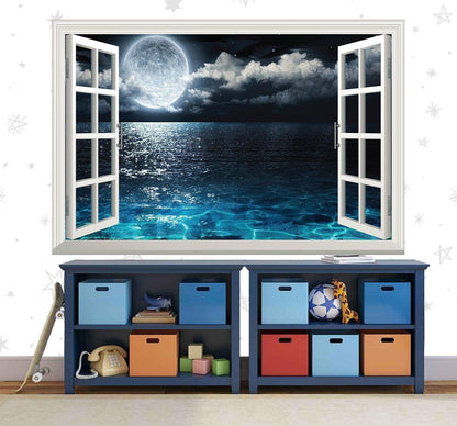 Full Moon Ocean View Wall Decal: 3D Window Seascape Mural