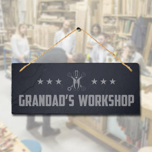 Grandads Workshop Laser Engraved Hanging Slate Shed Workshop Plaque Sign