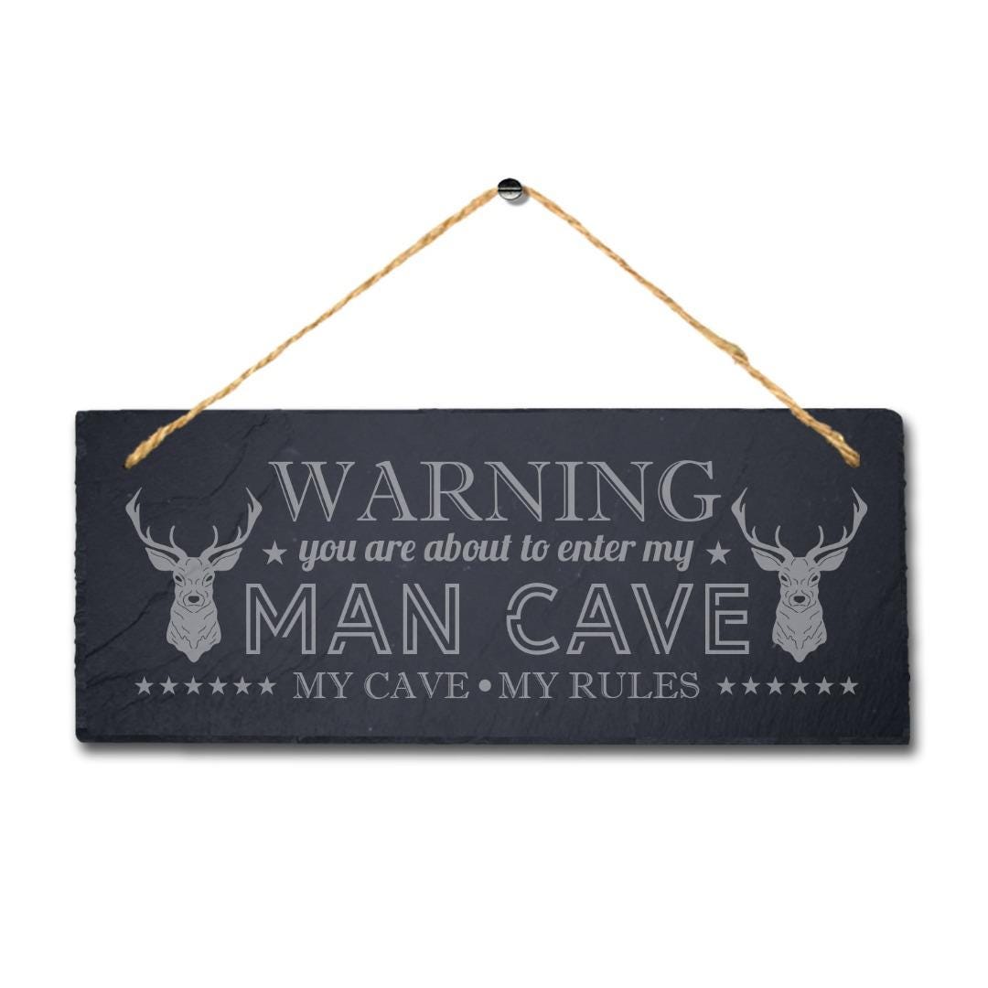 Warning My Cave My Rules Laser Engraved Hanging Slate Home Club Pub Plaque Sign