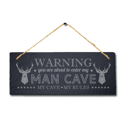 Warning My Cave My Rules Laser Engraved Hanging Slate Home Club Pub Plaque Sign