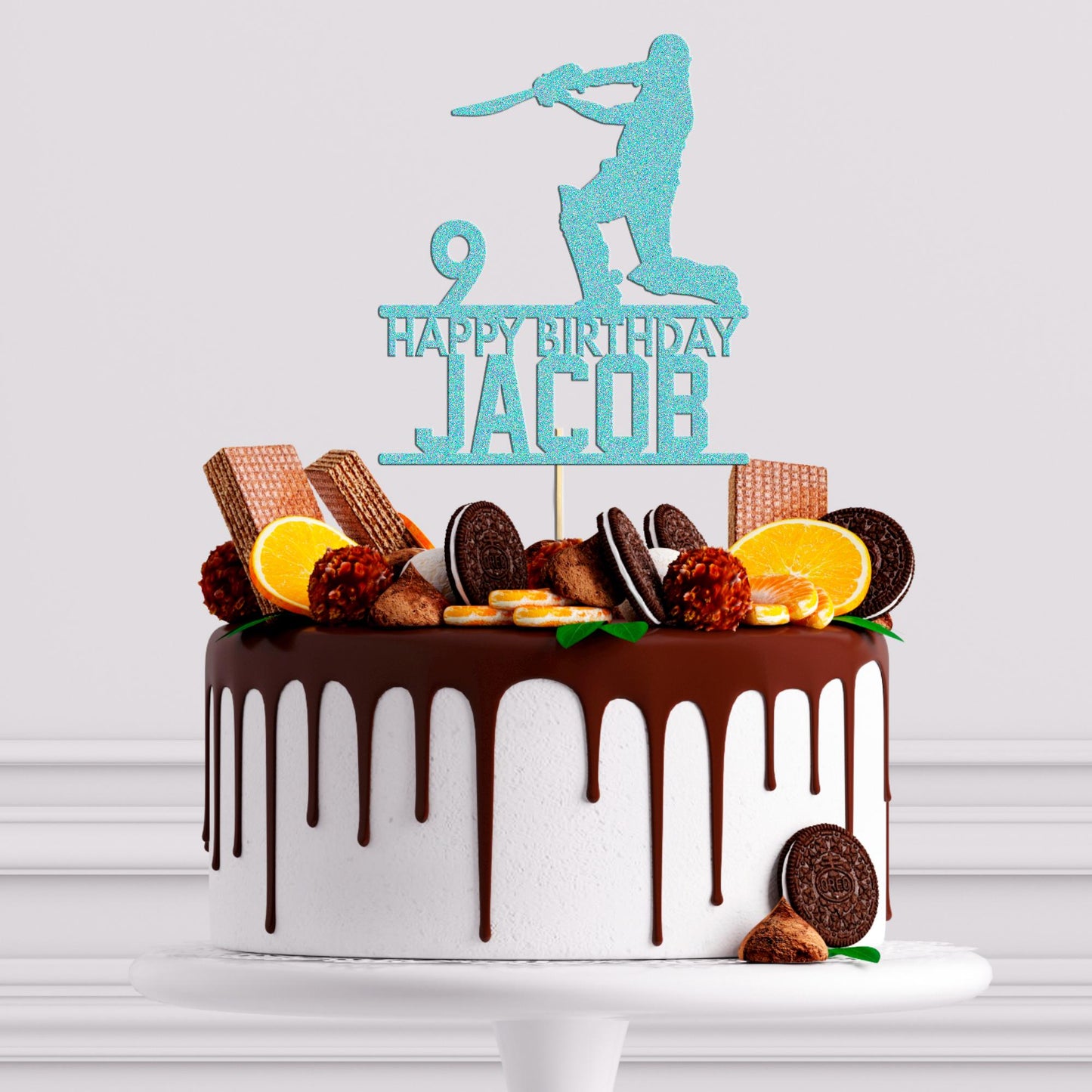 Personalised Glitter Cricket Birthday Cake Topper