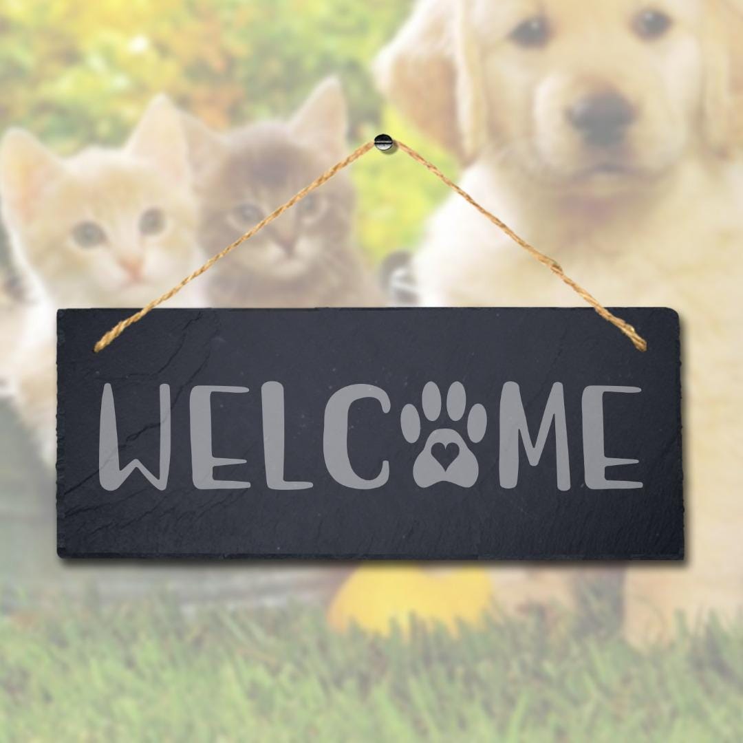 Welcome With Paw Print Laser Engraved Hanging Slate Home Decor Plaque Sign