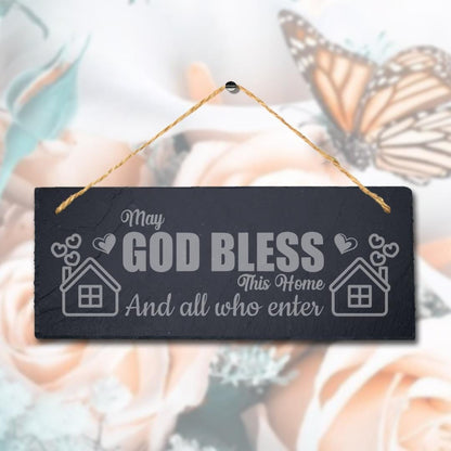 God Bless This Home And All Laser Engraved Hanging Slate Home Decor Plaque Sign