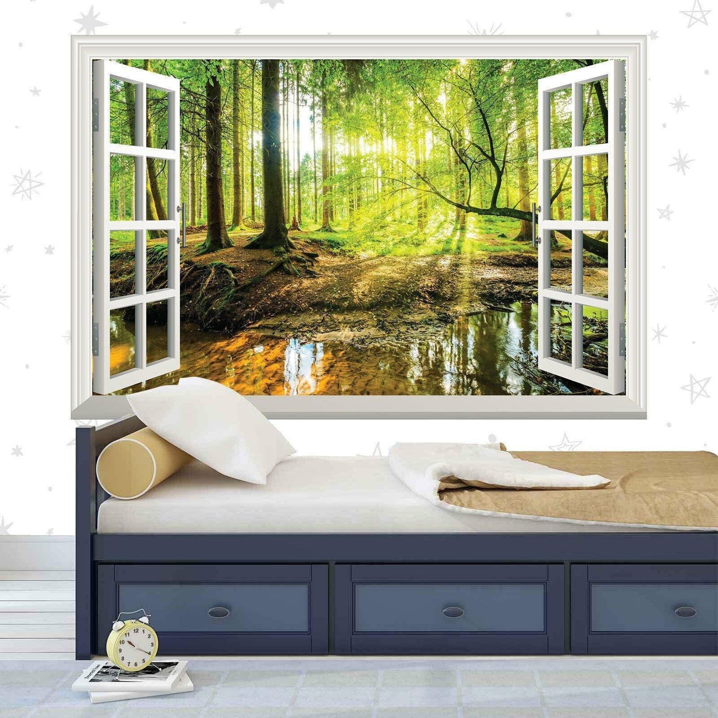 3D Forest Window View Wall Decal: Green Tree Sunset Mural